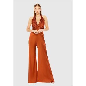 Mac Duggal Ruched Halter Top Wide Leg Jumpsuit Satin Rust Color Size 8
